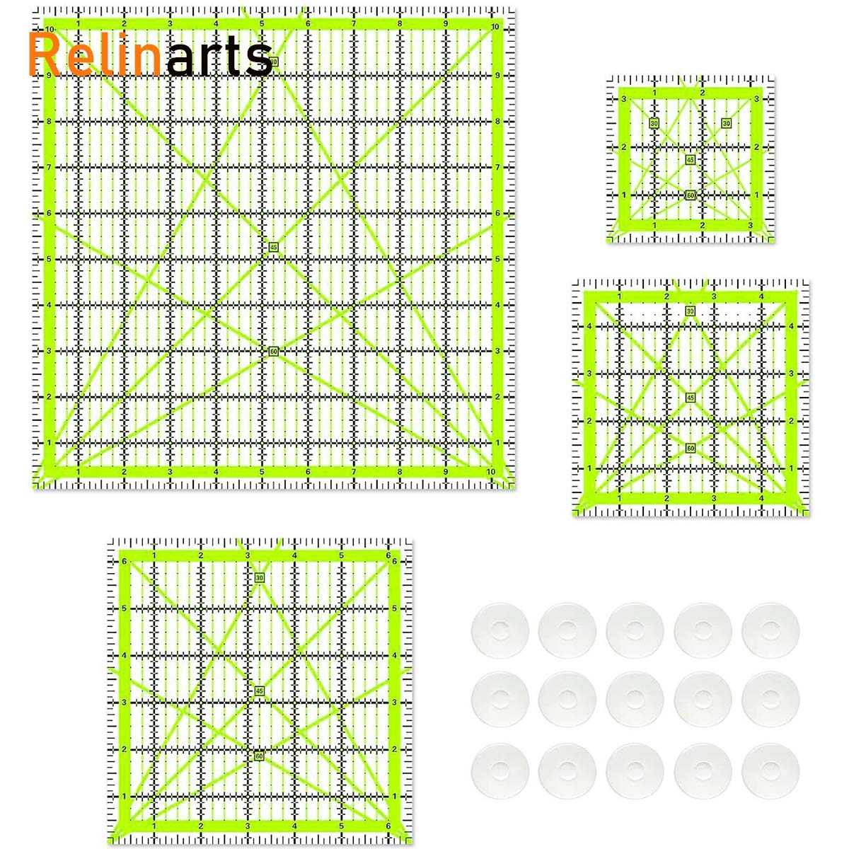 Quilting Ruler Square - 4-teiliges Acryl-Quadrat-Quiltlineal-Set + 24 Rutschfeste Griffe,